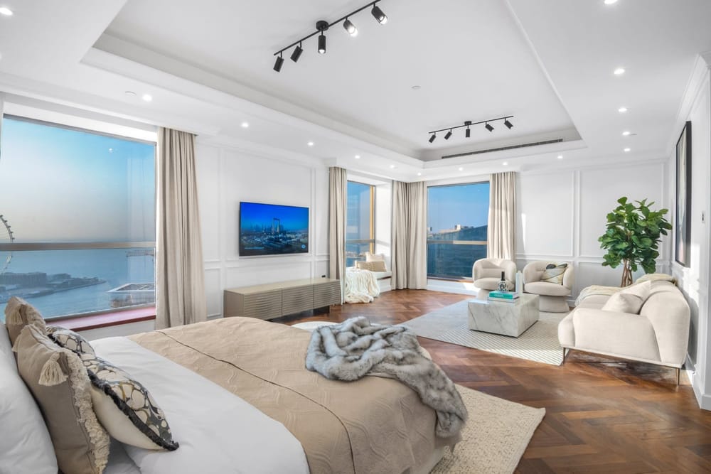 Sea-view bedroom made up for guests at the JBR sky villa